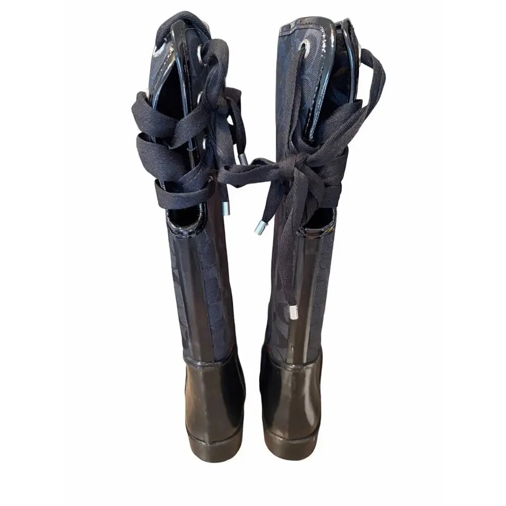 Coach Tristee Black Signature Rubber Rain Boots Back Lace Up size 10 Lined